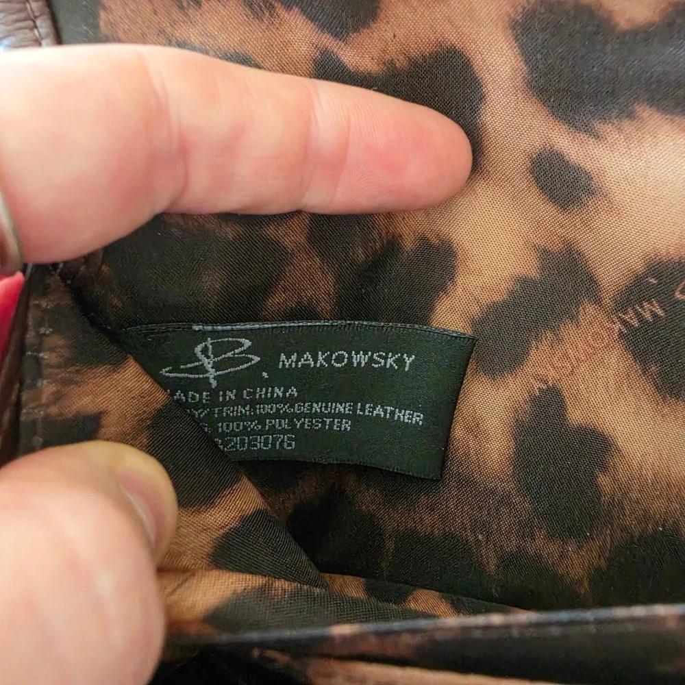 B Makowsky Brown Leather Studded Continental Wallet Leopard Print Lining